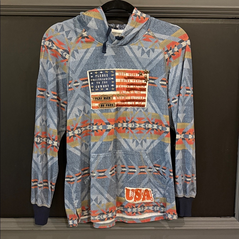 Double d ranchwear hoodie patriotic flag USA embroidered star studs printed EUC